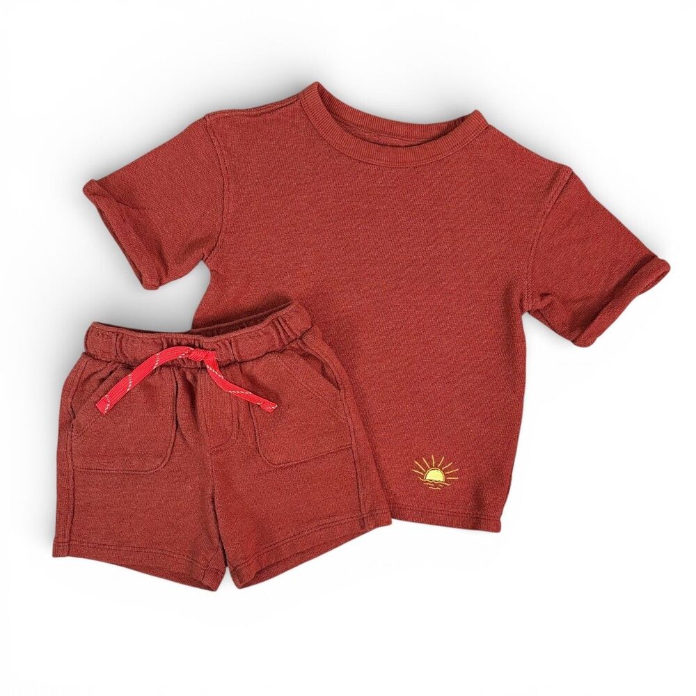 Cat & Jack Boys 2T Rust Red Sun Embroidery Knit T-Shirt Summer Shorts Outfit Set